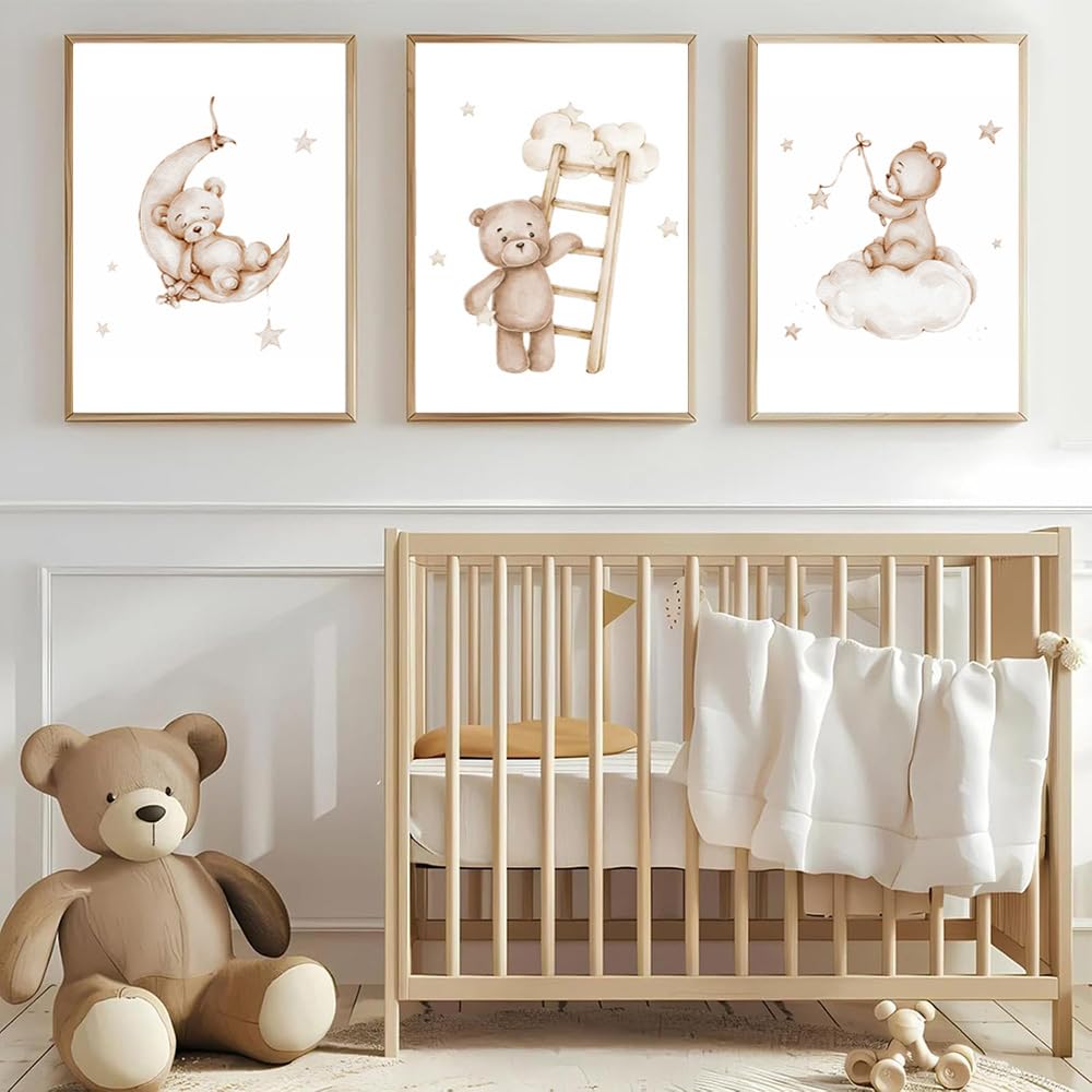 3 Laminas Oso 30X40CM Cuadros Habitacion Infantil Niño Poster Beige Lienzo Animales Bebe Laminas Decorativas Pared Infantil Cuadros Bebé Habitacion Niño Animaux Lienzo Beige Bebe Oso sin Marco