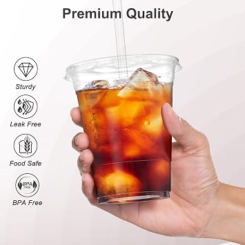 Dealusy 100 Pack - 16 oz Clear Plastic Cups with Lids and Straws, Sturdy & Food Safe Iced Coffee Cups with lids, Disposable Plastic Smoothie Cups for Cold Drinks