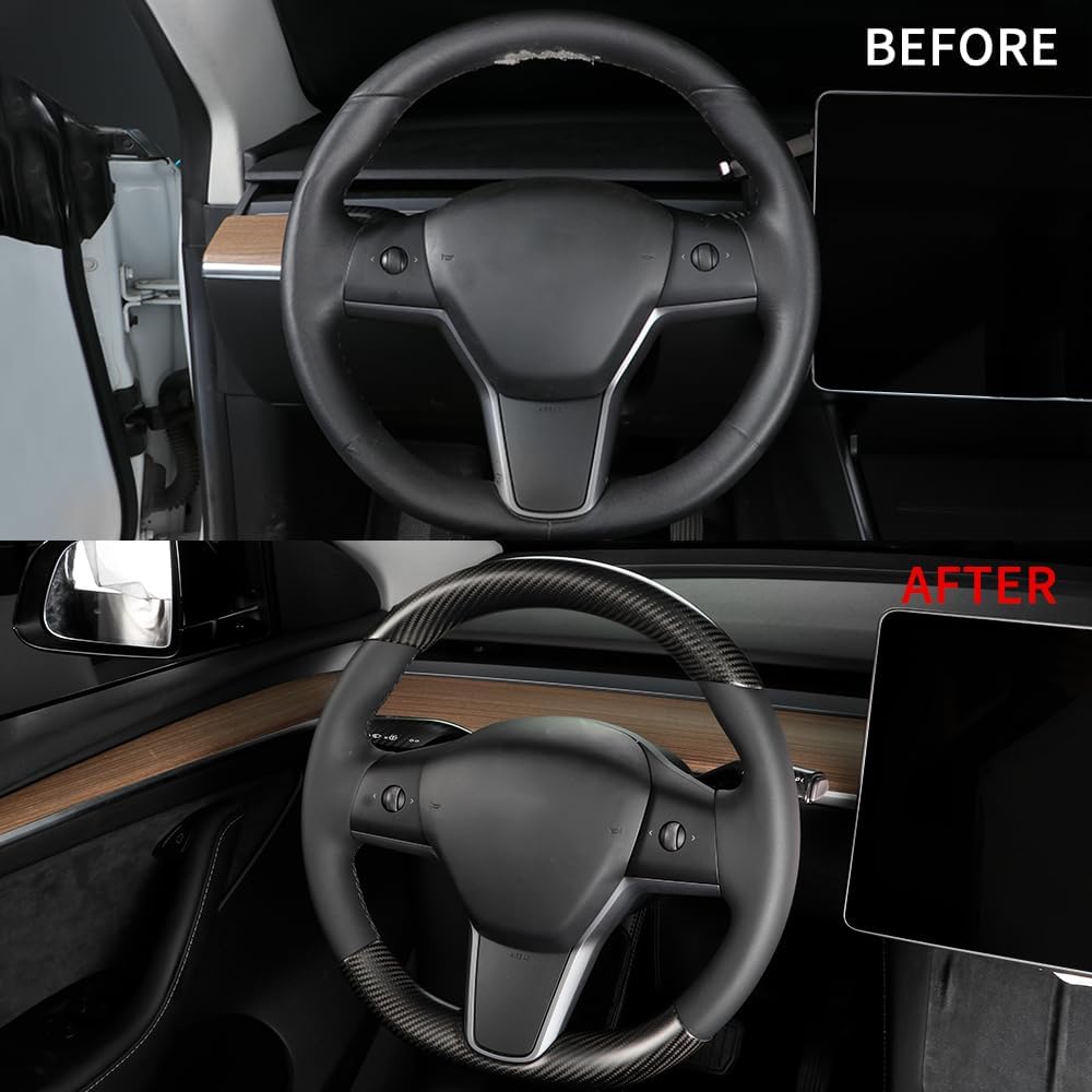 JSWAN Real Carbon Fiber Steering Wheel Cover for Tesla Model 3 2017 to 2023 Model Y 2020 to 2024 Steering Wheel Cover Steering Wheel Wrap Protector Interior Accessories (Matte Black 2Pcs)