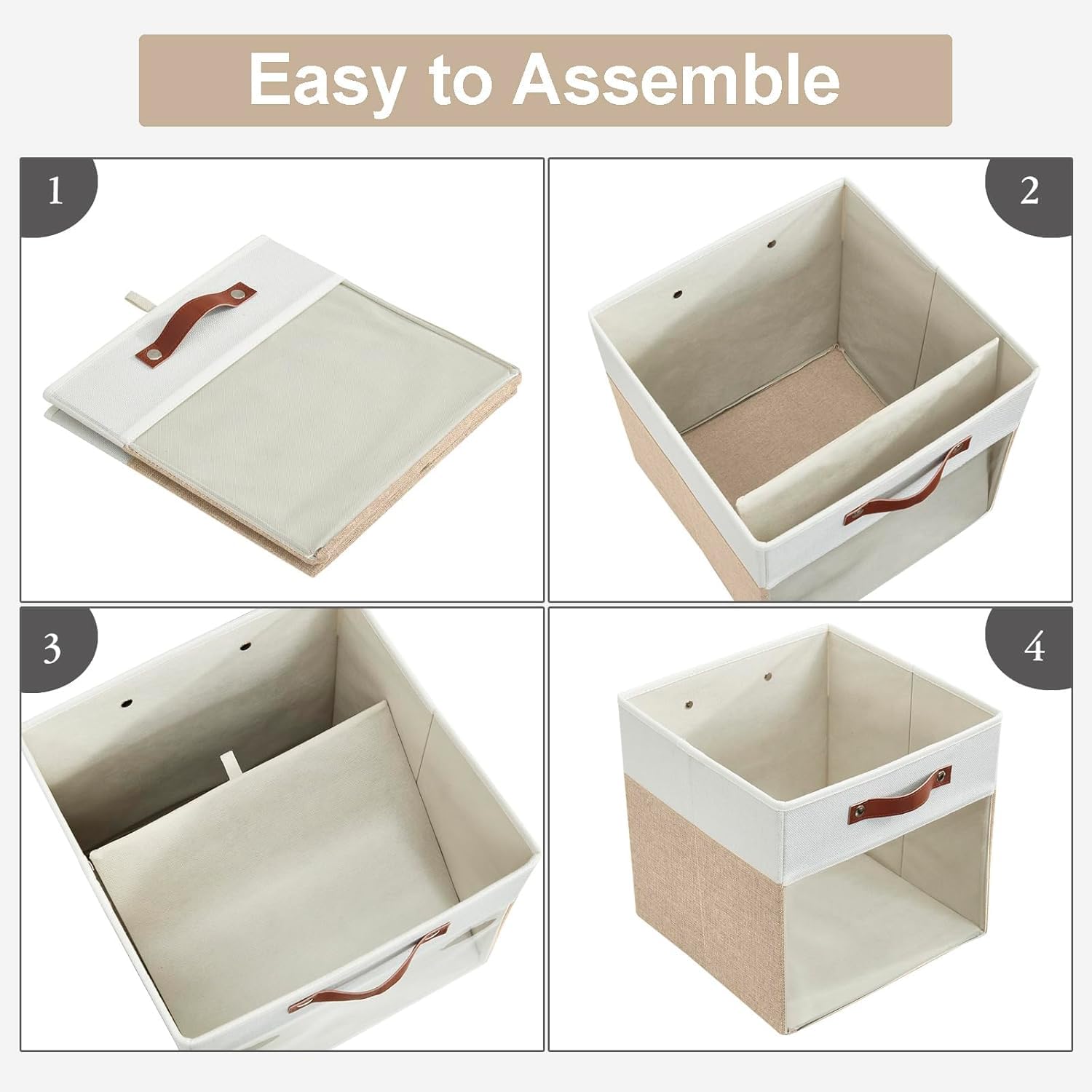 Bagnizer 4er Pack Große Faltbare Leinen Aufbewahrungsbox mit Sichtfenster | 33 × 38 × 33 cm, Faltbox mit 2 Griffen, Kallax Boxen, für Kleiderschrank und Regal, Kleidung, Spielzeug, Bücher, Beige & Weiß