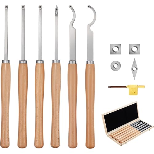 VEVOR Wood Lathe Turning Tool Set, 6PCS Lathe Roughing Finishing Detailing Hollow Tool with Wooden Handle Diamond Round Square Carbide Inserts Wooden Box for Beginners Hobbyists Professionals