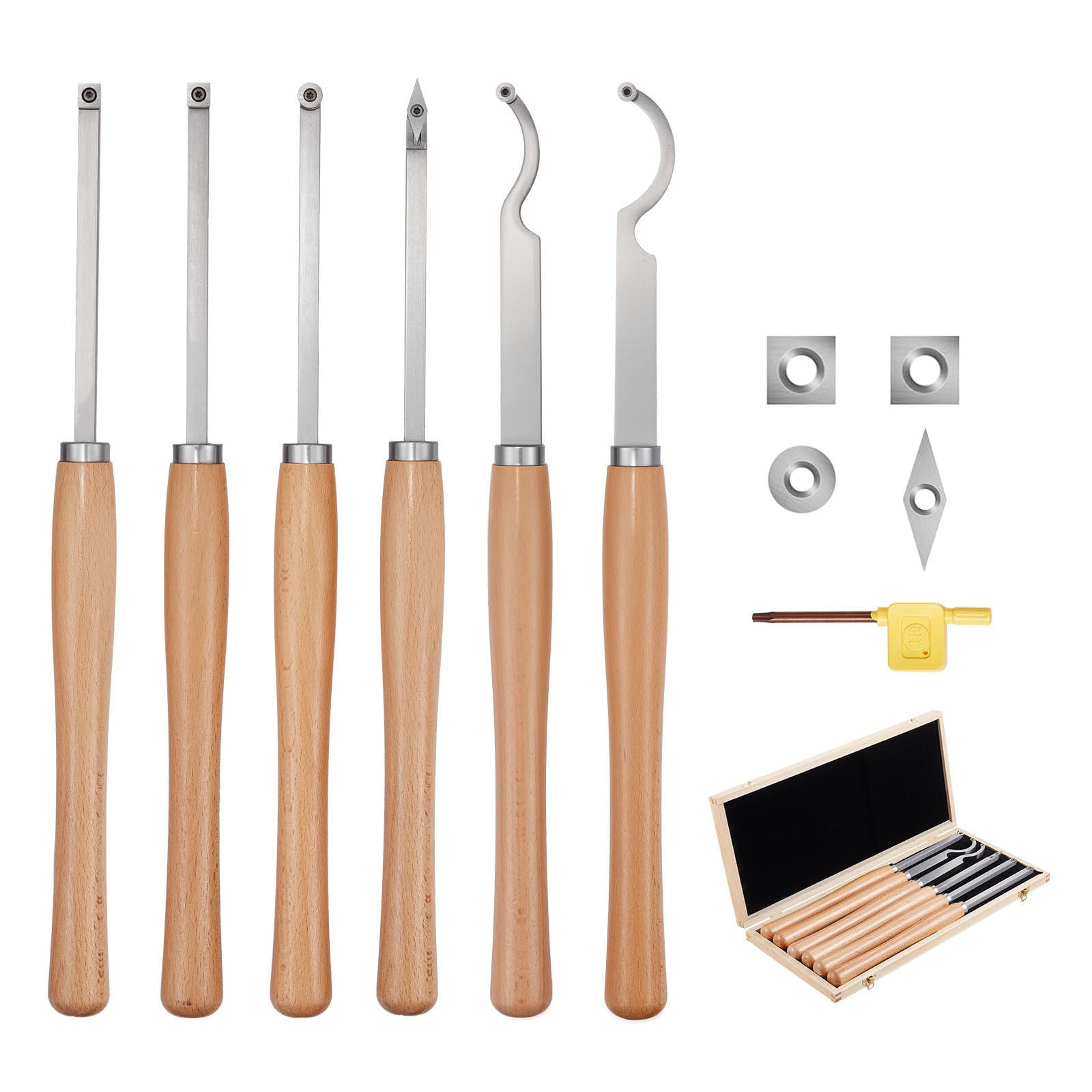 VEVOR Wood Lathe Turning Tool Set, 6PCS Lathe Roughing Finishing Detailing Hollow Tool with Wooden Handle Diamond Round Square Carbide Inserts Wooden Box for Beginners Hobbyists Professionals