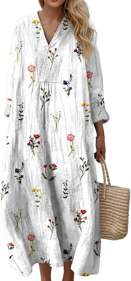 Women's Boho Floral Long Sleeve Beach Vacation Midi Dresses, Plus Size Casual Tunic Flowy V Neck Comfy Cruise Dress for Women