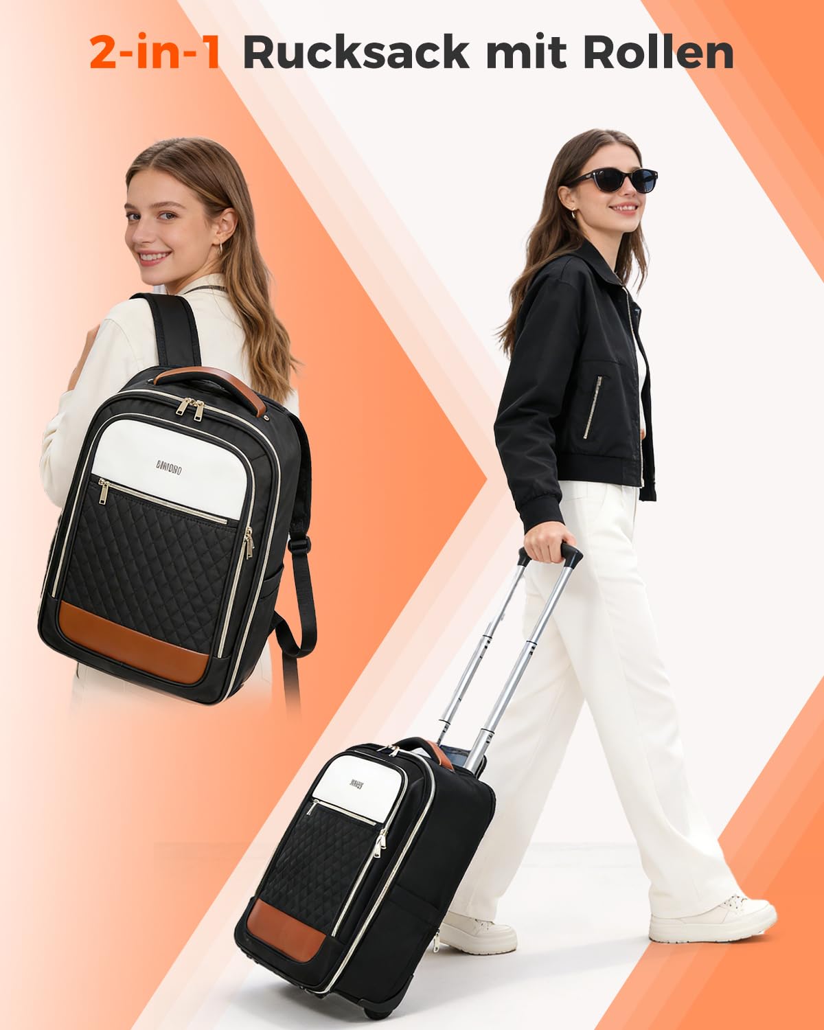Rucksack mit Rollen Damen 17 Zoll Laptop, 2 in 1 Rucksack Trolley, Leichter Reise Laptop Trolley (52x33x20 cm),180 Grad Offnung, wasserabweisend, 35 Liter Fassungsvermogen