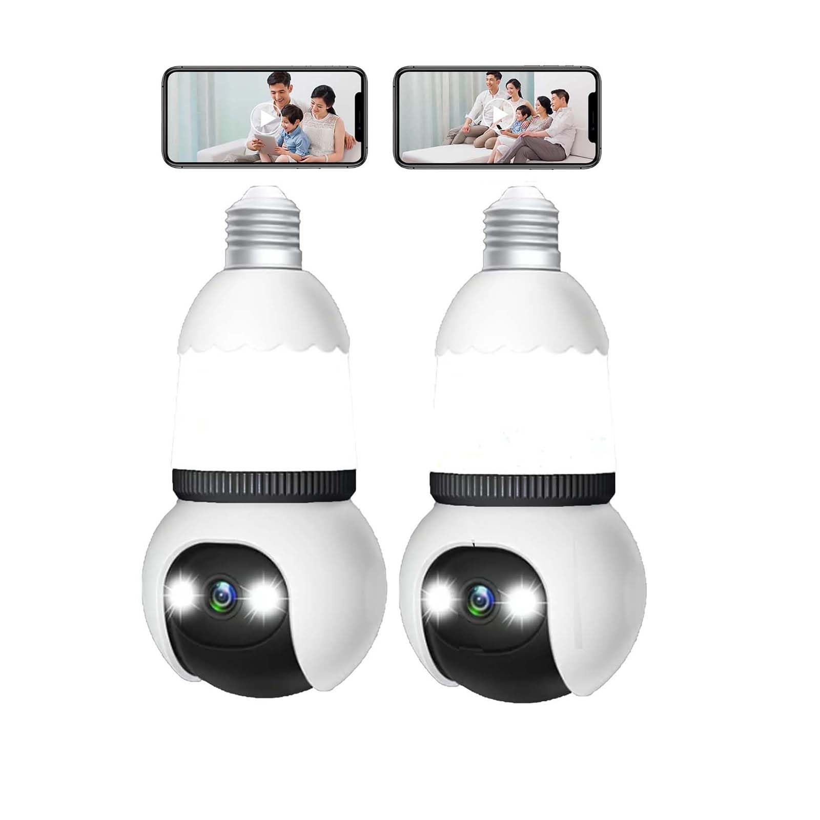 Livelyto Lot de 2 caméras de sécurité à ampoule 4 MP 5G et 2,4 GHz sans fil avec vision nocturne, lumières de porche intelligentes avec caméras aussi faciles à installer que les ampoules changeantes