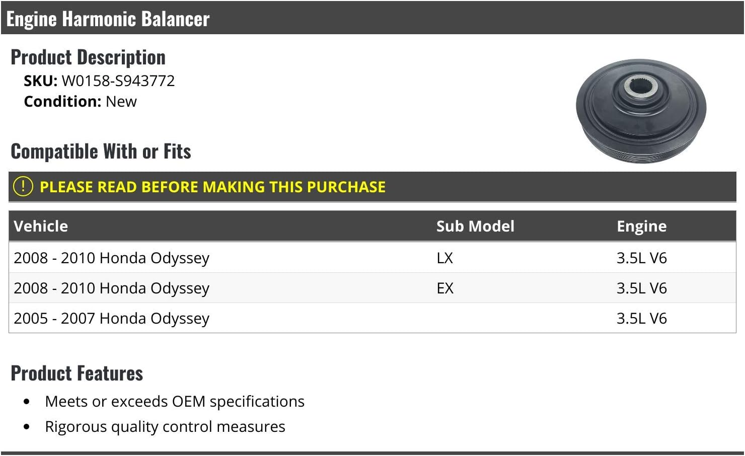 Marketplace Auto Parts Engine Harmonic Balancer - Compatible with 2005-2010 Honda Odyssey 3.5L V6