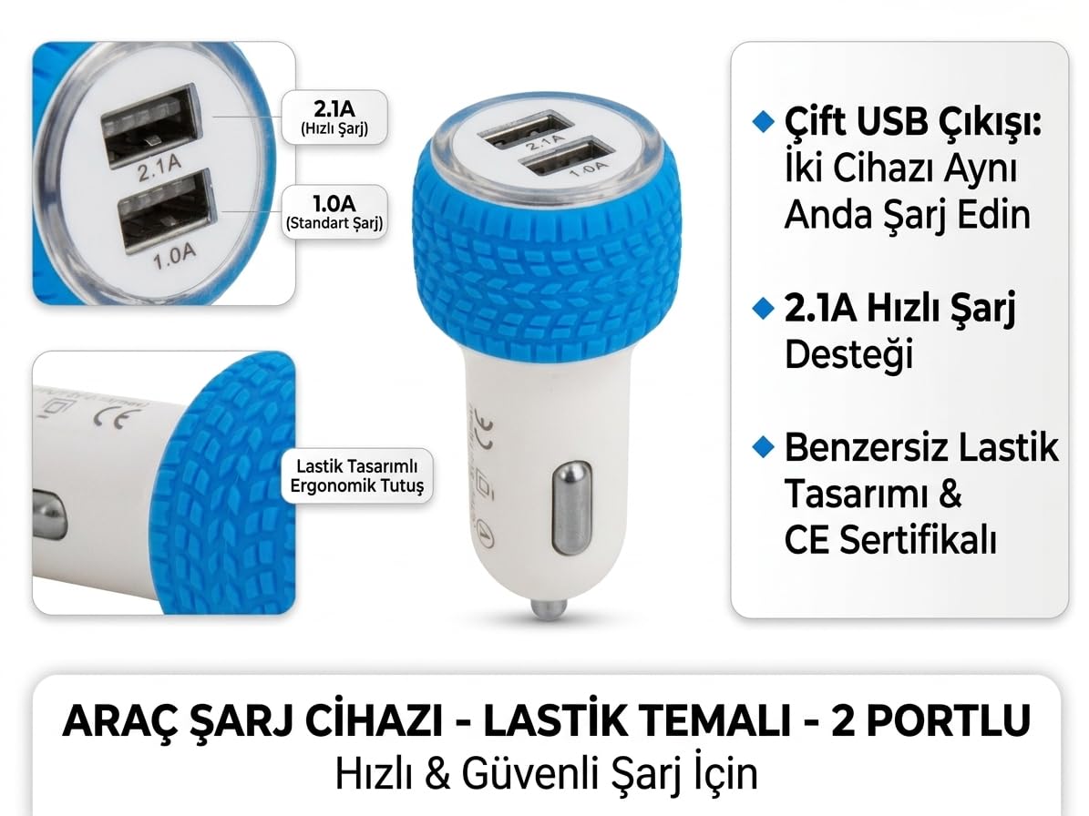 5V 2.1A, Çift USB'li Oto Çakmak Adaptör, Hızlı Şarj