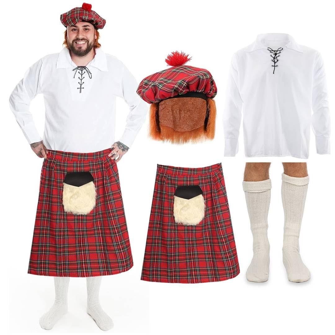 Scottish 4-Piece Costume Outfit - Red Tartan Kilt with Zipped Sporran, White Lace-Up Shirt, Tam o' Shanter Hat with Hair & Quality Kilt Socks - Highland Burns Night St Andrews Day Scotland Fancy Dress