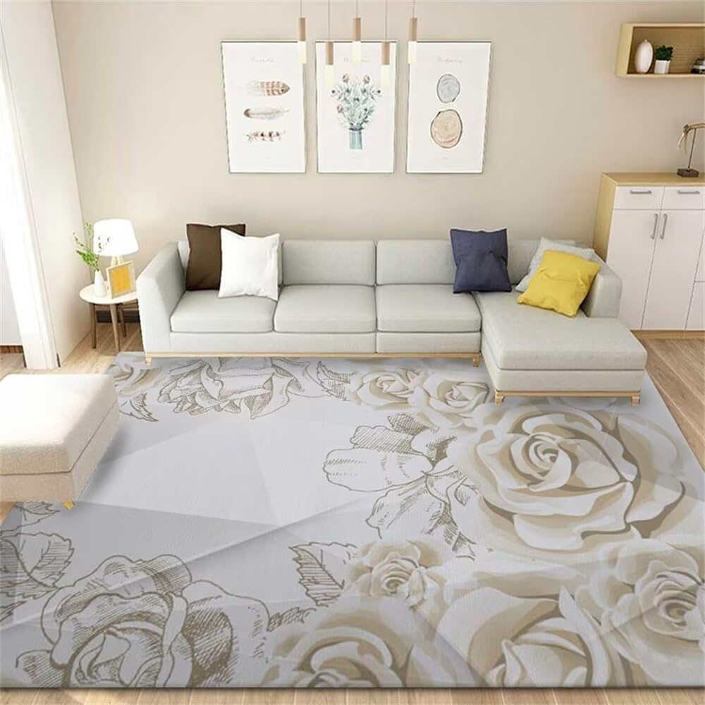 Tapis de chambre fille ado anti-froid et doux motif floral gris 130x200
