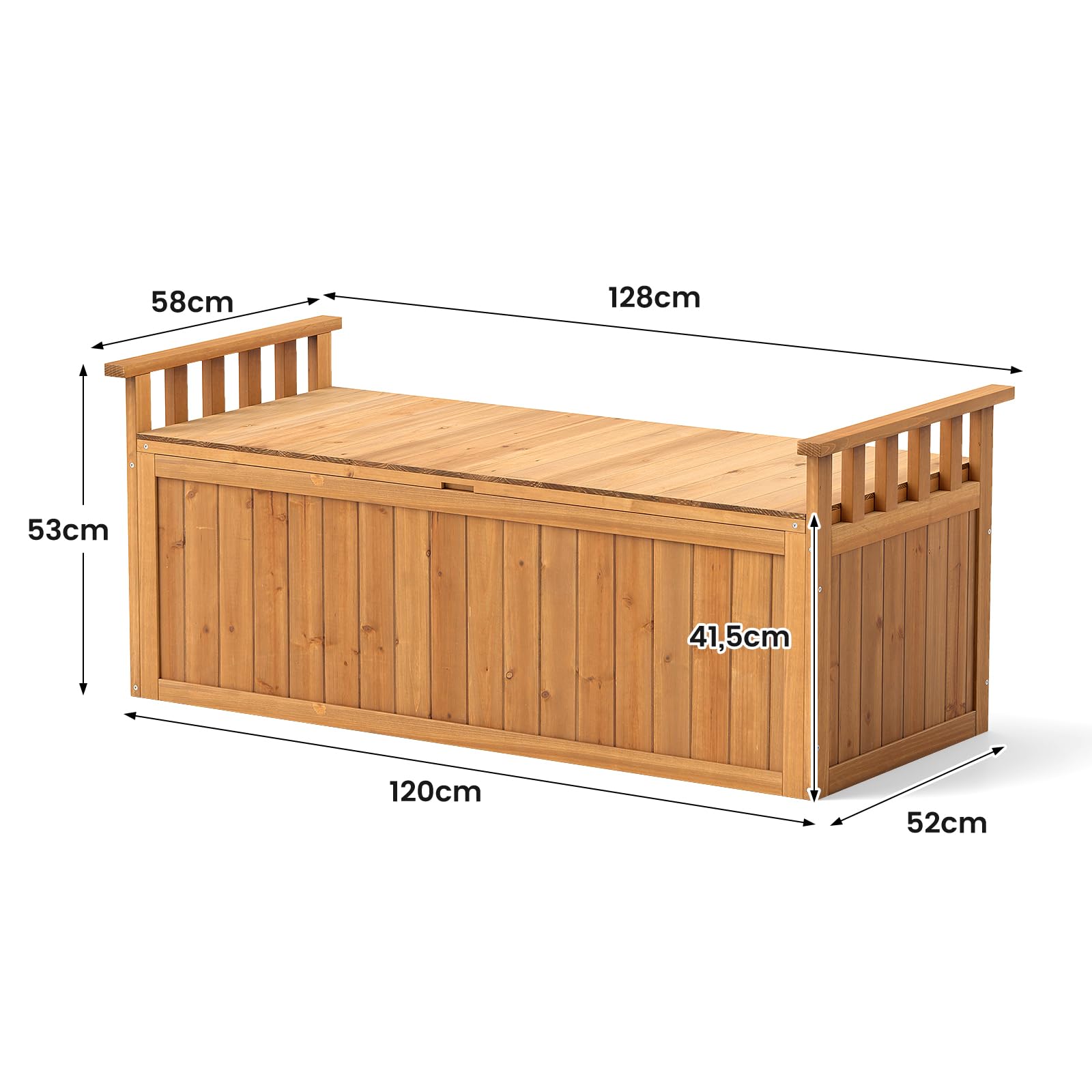GYMAX Cassapanca Contenitore da Esterno 209L in Legno, Panchina da Giardino con Braccioli e Spazio di Archiviazione Nascosto, Contenitore Portaoggetti per Giardino, Terrazza, Veranda e Piscina