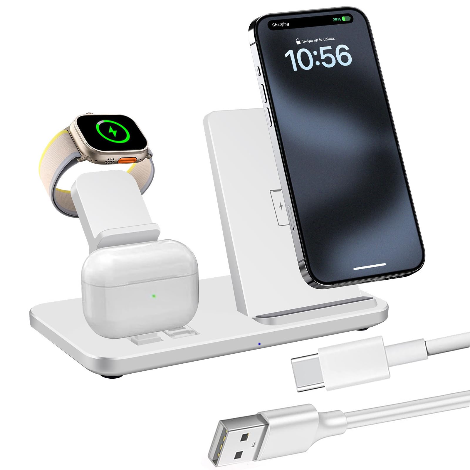 Station de Charge Chargeur à Induction 3 en 1 Chargeur sans Fil Compatible avec iPhone 8-17 Série, Apple Watch 11/Ultra 3/10/Ultra 2/9/Ultra/8/7/6/SE/5/4/3/2, AirPod/Galaxy Buds/Pixel Buds