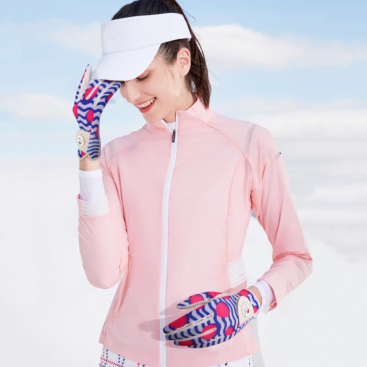 VEASAERS Golf Gloves Women Right Handed Golfer Left Hand with Ball Marker 3 Pack, Ladies Breathable Soft All Weather Grip Printed Pattern Colored Glove, Large, Blue Wave