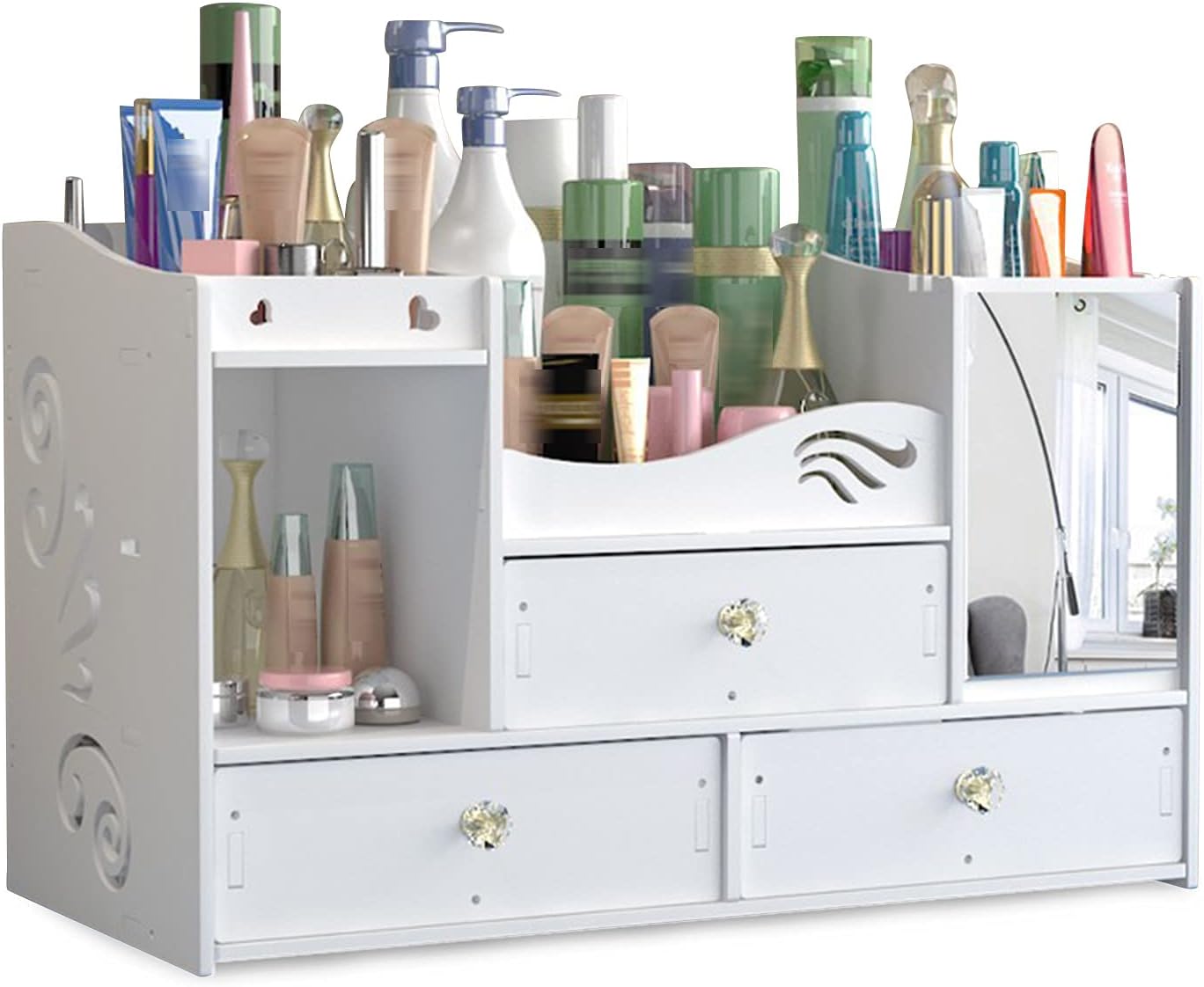 MINUS ONE Makeup Organizer Cosmetic Organizer with Drawers and Mirror Cosmetic Dressing Table Organizer White Suitable for Eyeshadows, Brushes, Lipsticks and Creams, Cosmetics Storage