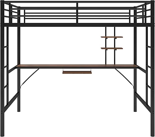 Miniatura 8 de SOFTSEA Cama tipo loft de tamaño matrimonial con escritorio y almacenamiento, cama alta de metal, cama matrimonial multifuncional con estantes para