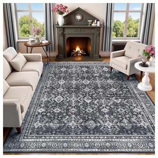 Lofus 8x10 Area Rug for Living Room,Black Washable Area Rugs with Non-Slip Backing,Soft Boho Carpets for Bedroom Dining Room Home Office Indoor Nursery