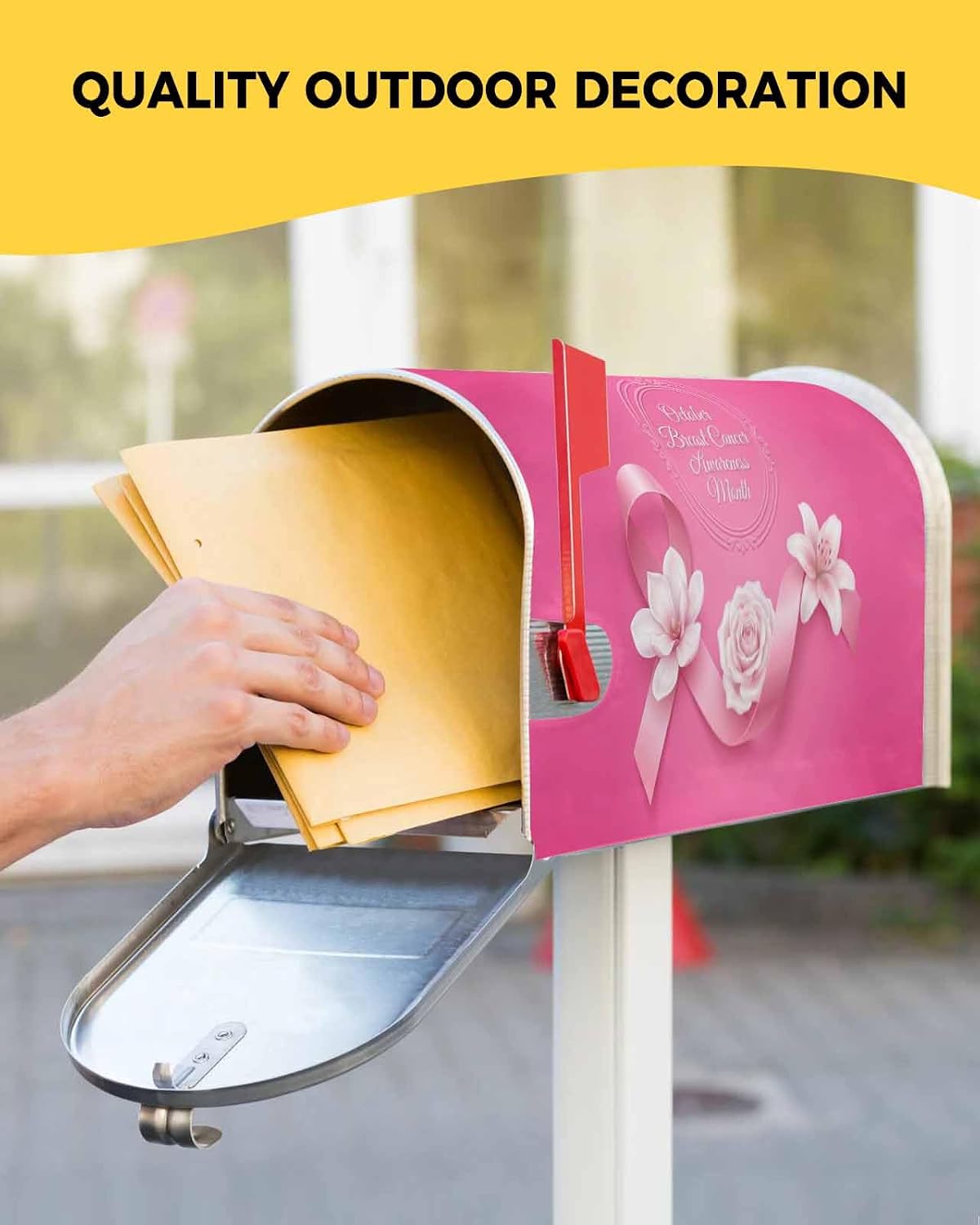 Pink Ribbon Flower Mailbox Cover Standard Size Magnetic Mailbox Covers Mailbox Wraps Post Box Cover Decoration for Garden Outdoor 18.5x21.7 inch October Breast Cancer Awareness Month