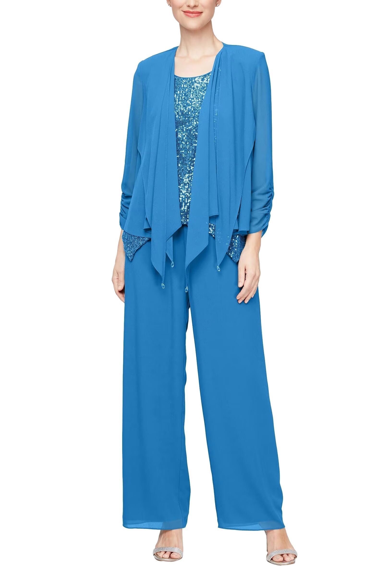 3 Pieces Mother of The Bride Pant Suits for Wedding - Sequin Chiffon Pantsuits for Lady Women Formal