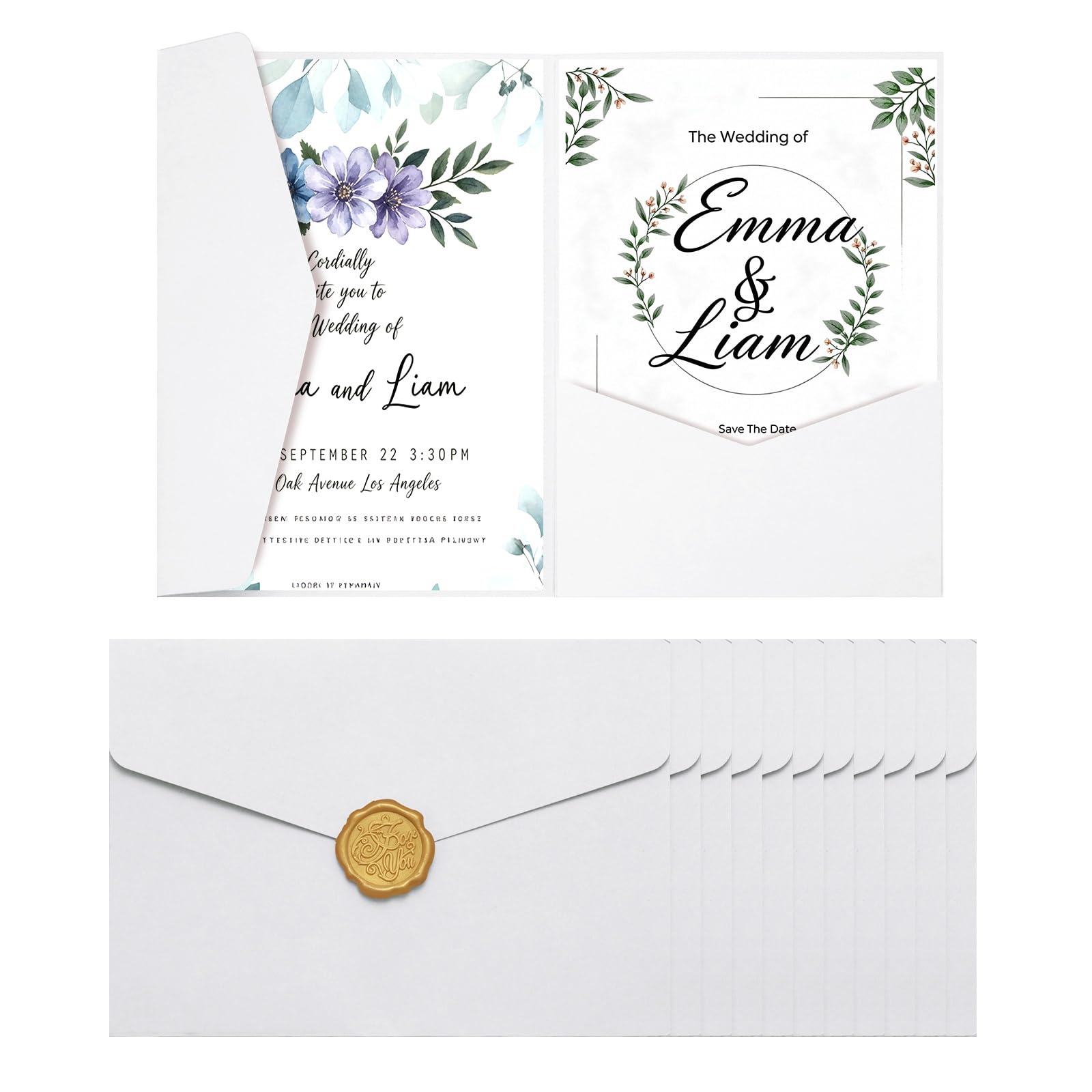 sourcing map 25 Pcs A7 Invitation Pocket Envelopes with Gold Sealing Wax Sticker 5x7 Tri-fold Wedding Invitation Cards for Wedding Birthday Anniversary Graduation Invite Pocket, Light White โ image 1
