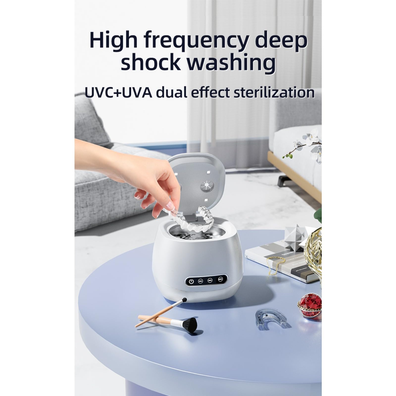 Nettoyeur de prothèses dentaires avec stérilisation UV, nettoyeur ultrasonique portable pour protège-dents, retenue. Alignement, prothèse dentaire et appareils dentaires