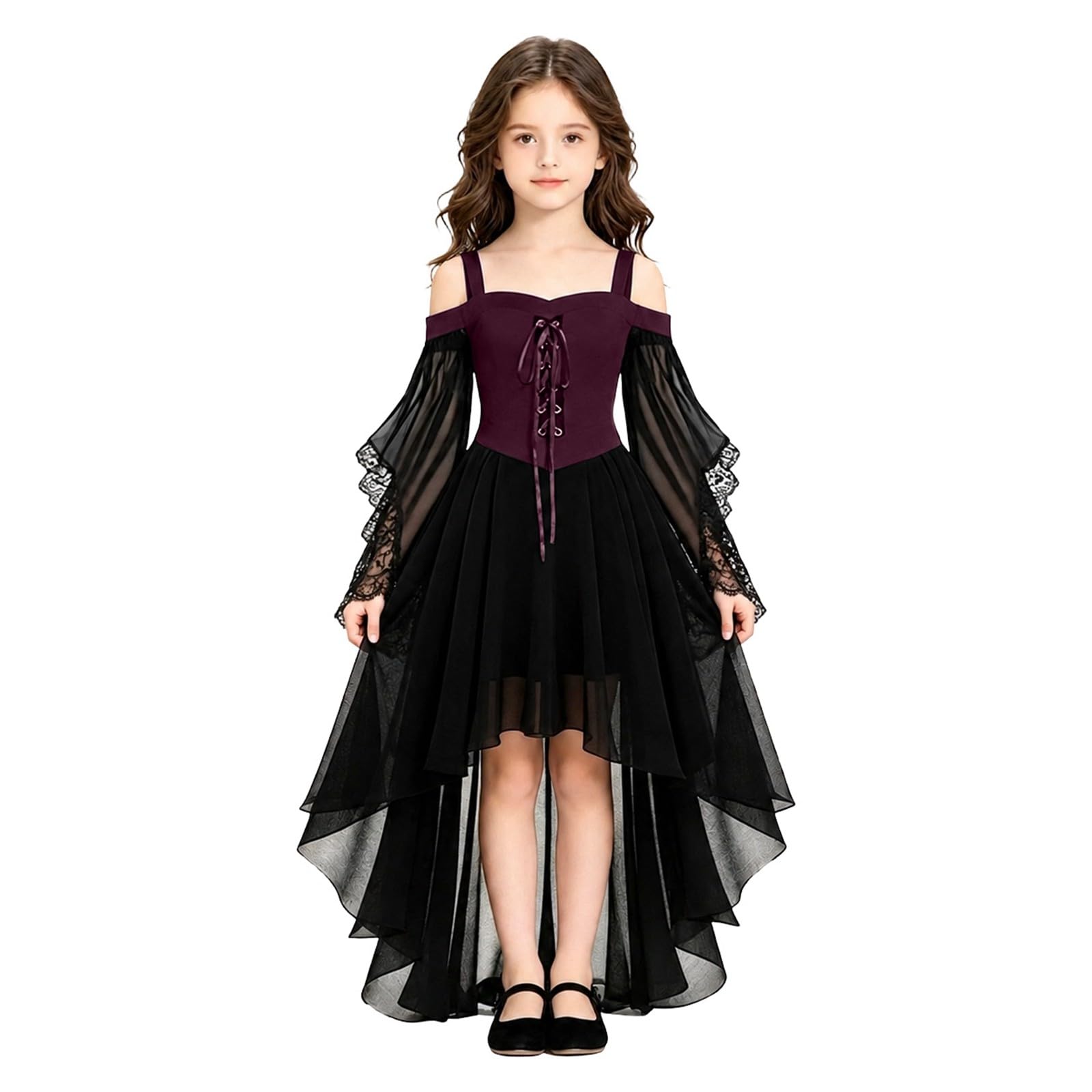 Vokuhila - Vestito medievale per Halloween, per bambine, gotico, cosplay | Vestito da principessa per bambini, a maniche lunghe, con spalle scoperte, in pizzo, stile vittoriano, vampiro, carnevale