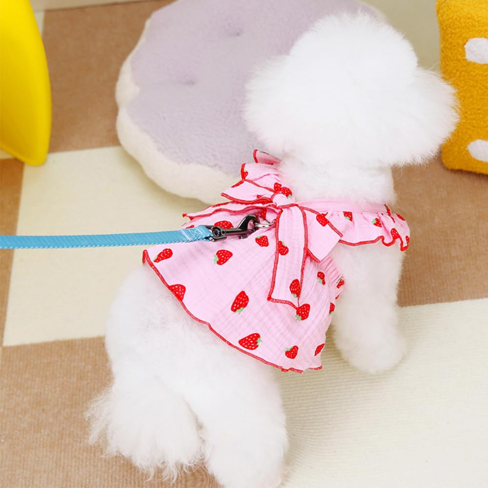 Dog Dresses for Small Girls, 100% Cotton Clothes With Leash Ring & Bow Decor, Cute Strawberry Print, Summer Cat Dresses (Pink, Small)