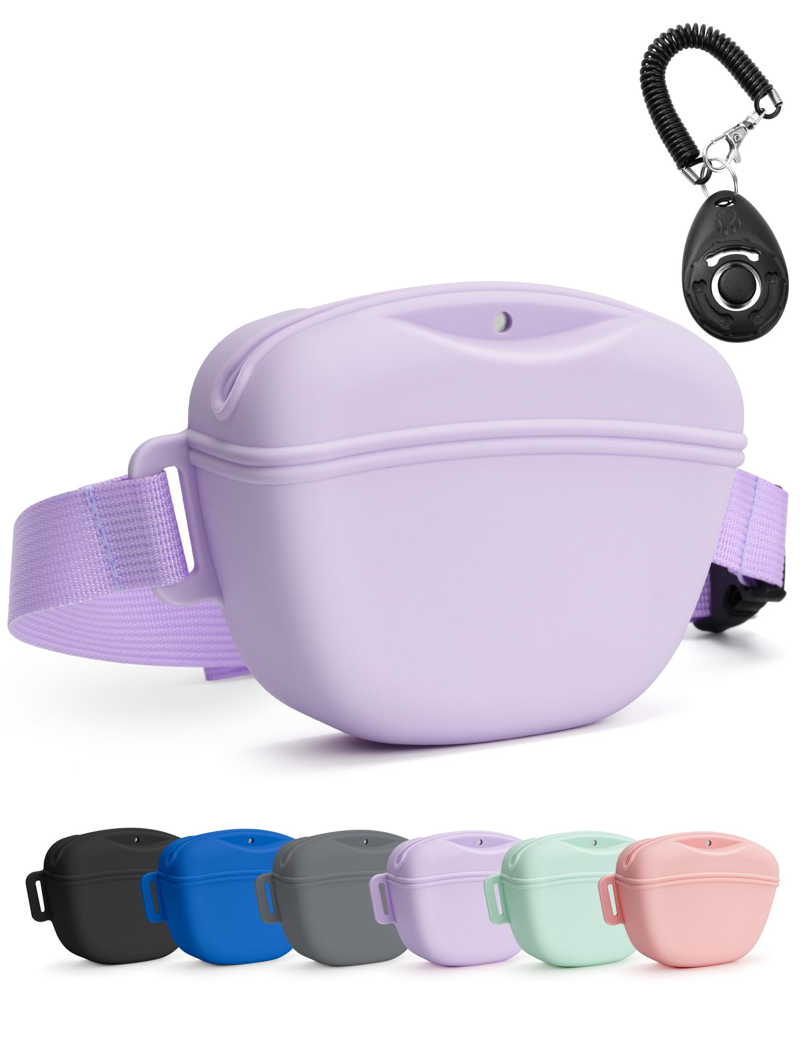 Dog Treat Pouch with Training Clicker, Upgrade Stronger Magnetic Closure to Avoid Spilling, 1.67 Cup Silicone Treat Bag Fanny Pack with Waist Belt for Pet Training Walking (Violet)