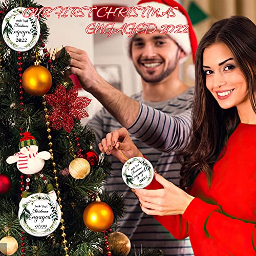 2022 Our First Christmas Engaged Ornaments, Engagement Wedding Bridal Shower Gift, Large 3" Round Double-Sided Painted Ceramic Xmas Hanging Ornaments For Couple Presents #TOP3