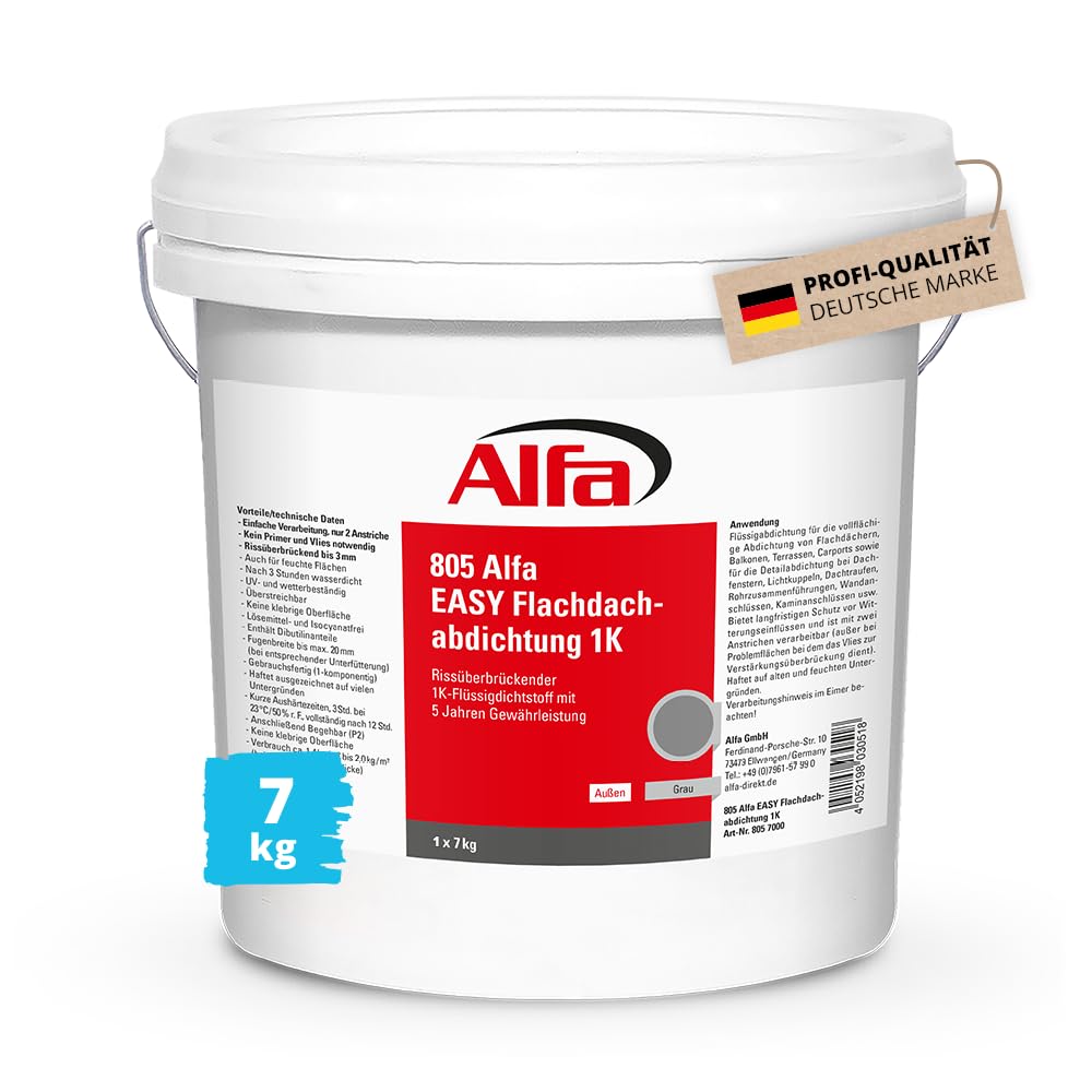 Alfa Flachdachabdichtung 7 kg Flüssigkunststoff für Dach – Garagendach | Profi Qualität – Gebrauchsfertiger Flüssigkunststoff für Flachdächer, Garagen und Carports, UV-beständig und rissüberbrückend