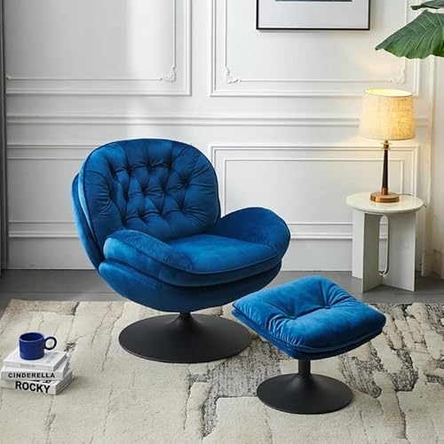 SSLine Velvet Swivel Accent Chair with Ottoman Set,Modern Lounge Chair with Footstool,Comfy Armchair TV Chair with Metal Legs for Home Office Living Reading Room Bedroom (Blue-3)