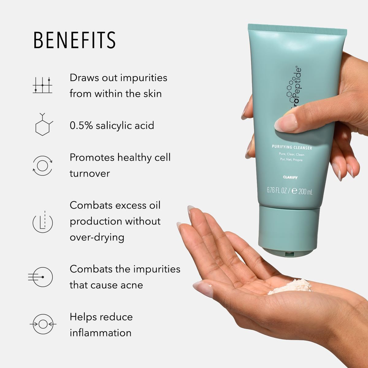 HydroPeptide Purifying Facial Cleanser, Pore-Perfecting Face Wash Absorbs & Balances Natural Oils, 6.76 Ounce
