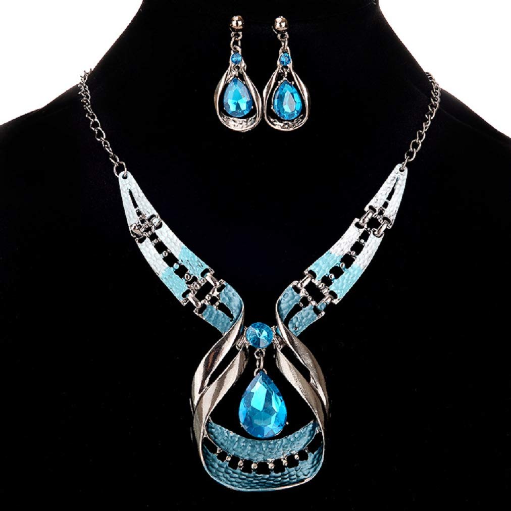 Blue Necklace Earrings Set Big Statement Necklace Fashion Earrings Crystal Necklace Bling Pendant Earrring