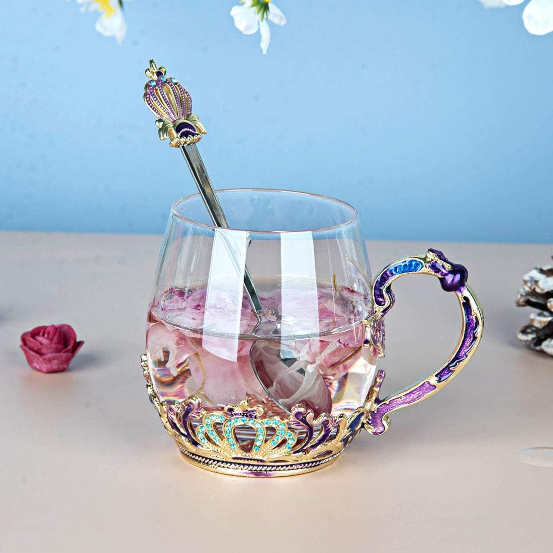 SWTHONY Glass Fancy Tea Cup Mug with Spoon European Style Carved Flower Coffee Mugs Set Birthday Gift for Women Wife Mom Grandma - Image 4