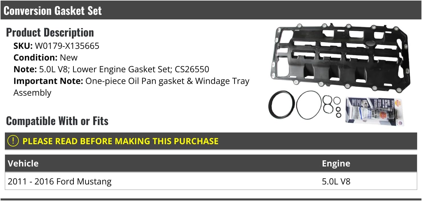 Marketplace Auto Parts Lower Engine Oil Pan Gasket and Windage Tray Gasket Set - Compatible with 2011-2016 Ford Mustang 5.0L V8