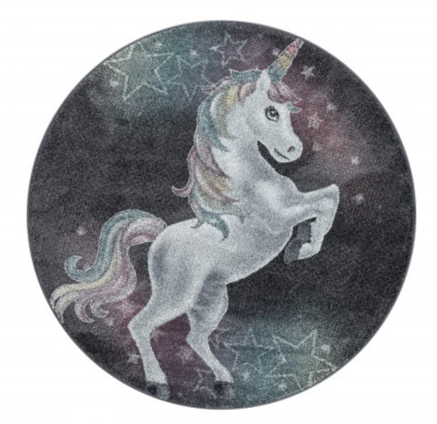 Muratap Vloerkleed Unicorn Eenhoorn Baby Rond Vloerkleed Kinderkamer Grijs – Laagpolig Tapijt Kinderkamer Babykamer Speelkamer Speelkleed Sterk en Waterafstotend Kleed – Maat: 120 cm – Rond