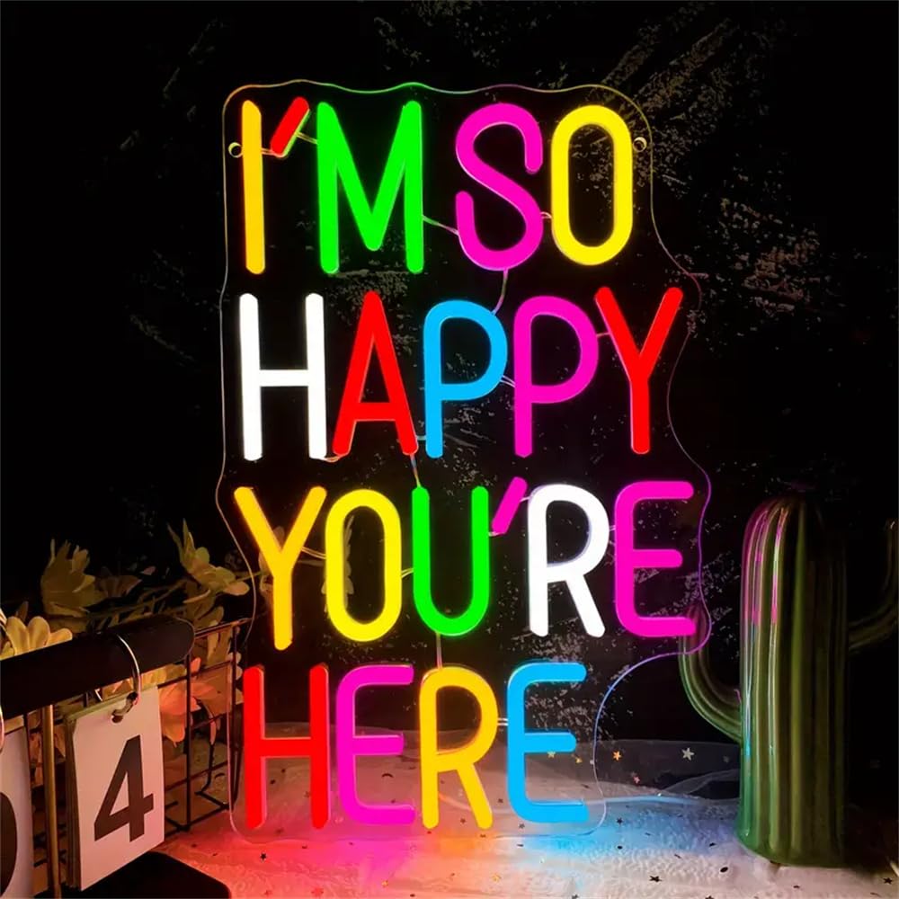 Enseigne lumineuse au néon "I'm So Happy You're Here" - Éclairage LED variable au néon pour décoration murale - Alimentation par USB - Enseigne lumineuse LED multicolore pour salle de classe