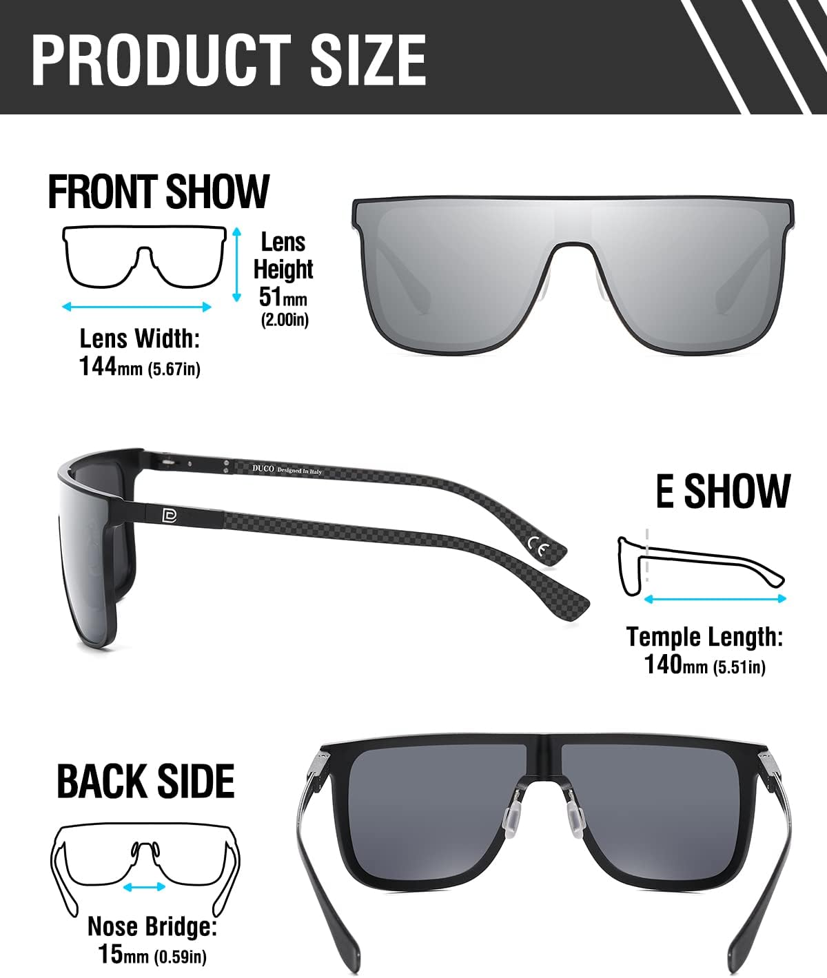 DUCO Trendy Square Sunglasses for Men Women Flat Top Shield Shades Oversized Carbon Fiber Polarized Sun Glasses DC8209