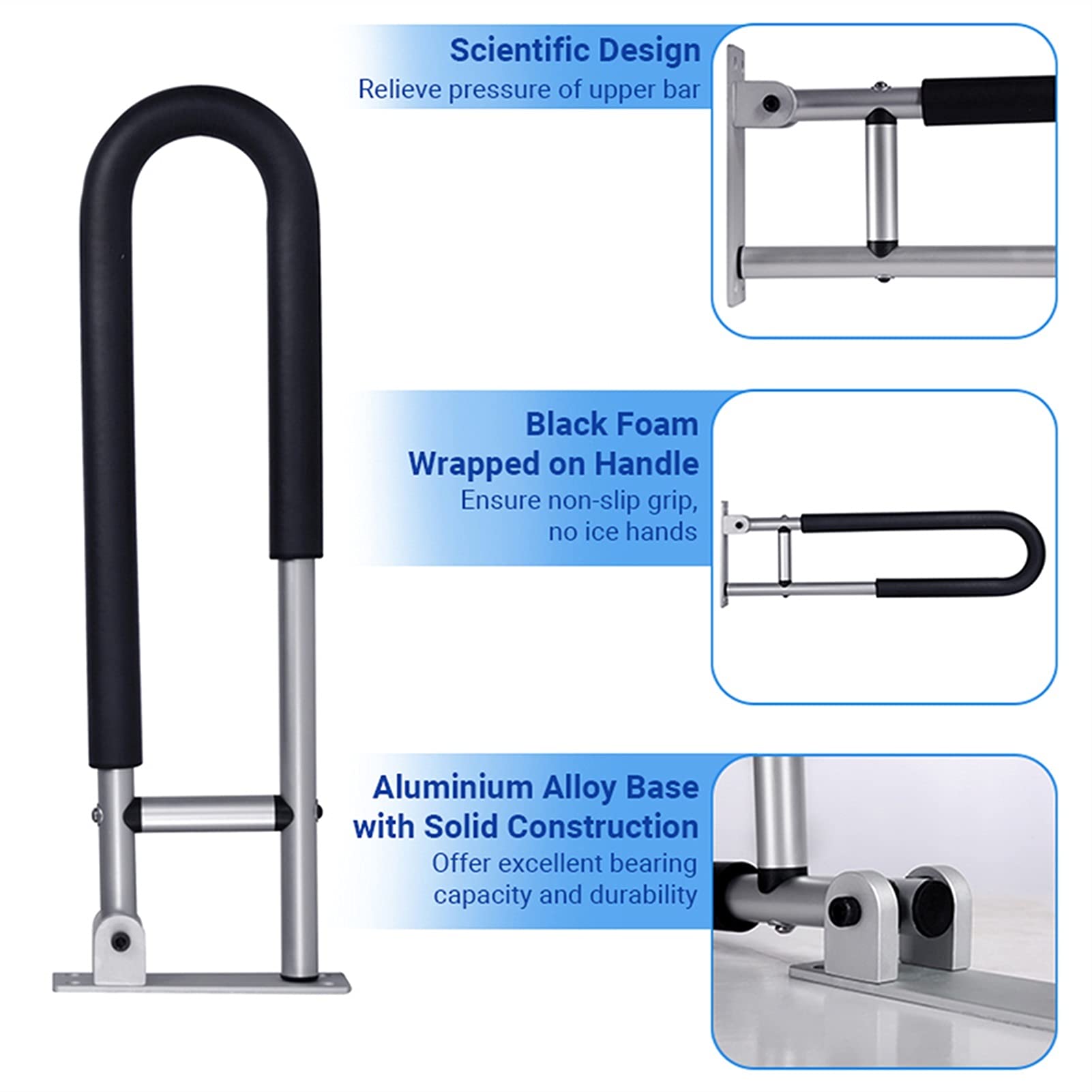 Maniglia di Supporto per Bagno, Ribaltabile e avvitabile, corrimano di Sicurezza per WC, Impugnatura ergonomica, Accessorio per l'assistenza domiciliare, Barra Antiscivolo (Nera)
