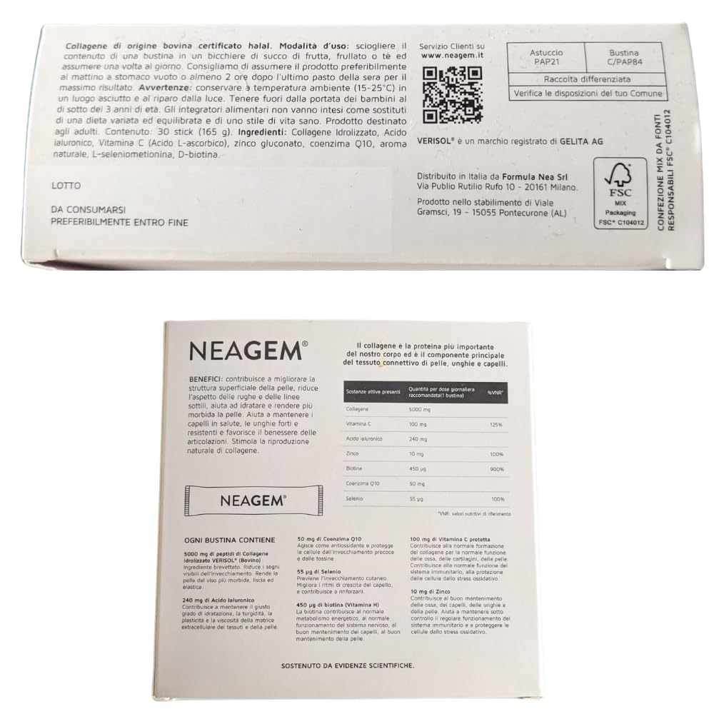 Neagem Collagene in polvere in bustina, 30 dosi con 5g di Collagene Verisol®, 240mg di Acido Ialuronico, Vitamina C, Zinco, Biotina, Selenio, Coenzima Q10, anti-age per pelle, unghie e capelli