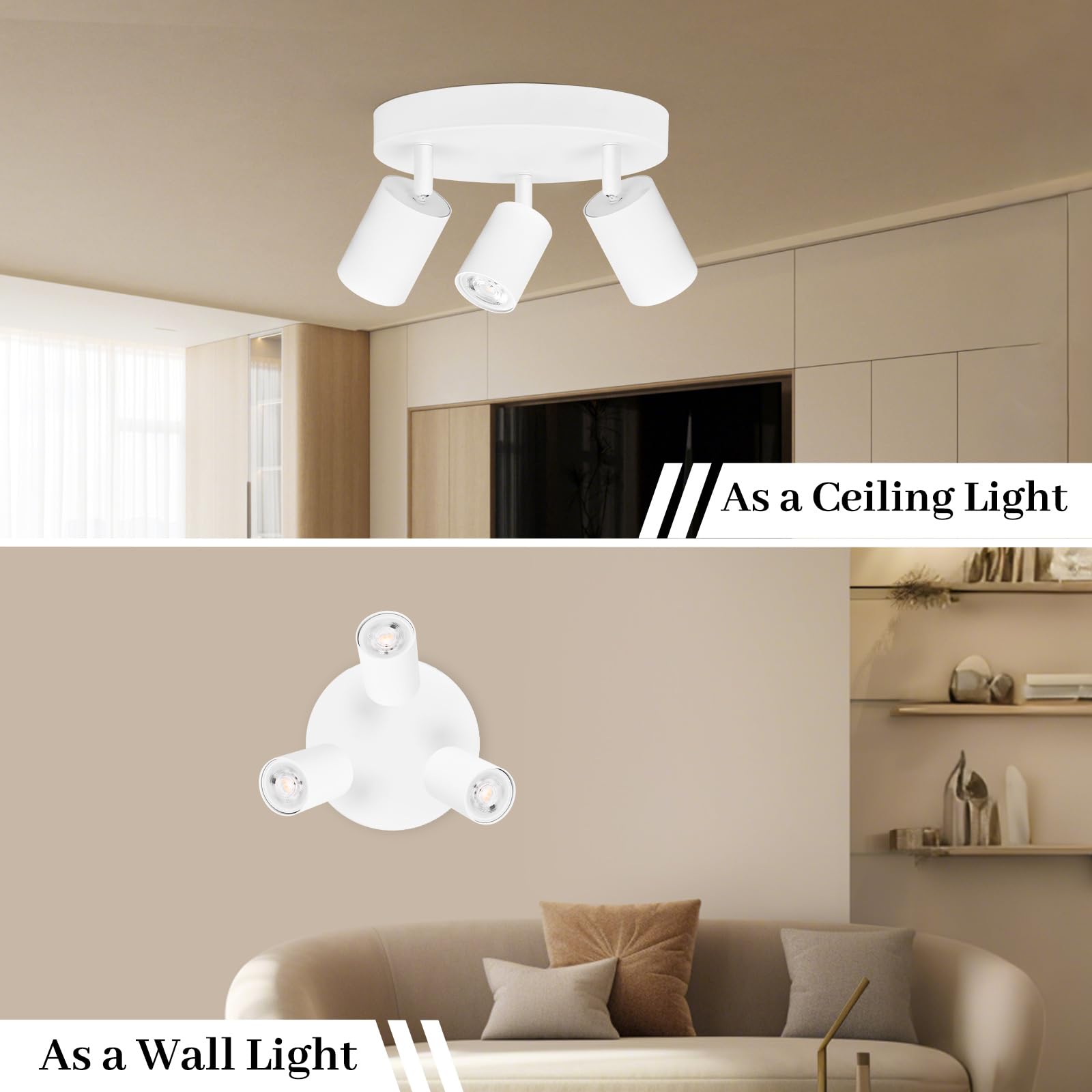 GeyouLux Lámpara de Techo Blanco 3 Focos, Moderno Plafón Foco de Techo LED Ajustables y Giratorios, GU10 Aplique Techo para Interior, Plafones de Techo Redondo para Salon, Dormitorio (Sin Bombilla)
