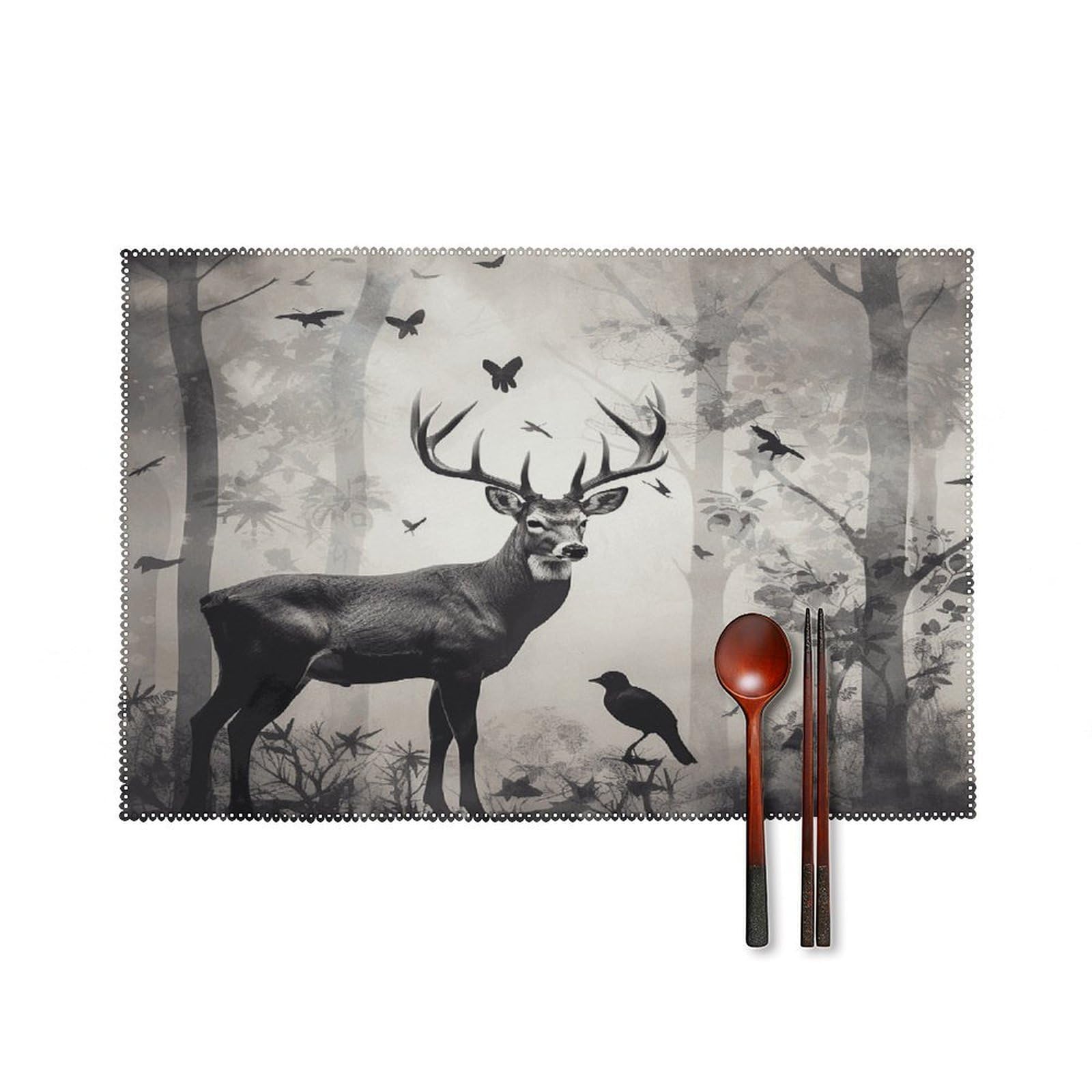 Btcowzrv Style Hunting Silhouette Of Deer Canvas Placemats Set Of 6, Wipeable Washable Place Mats For Indoor & Outdoor, Table Mat Decor For Kitchen Dining Party