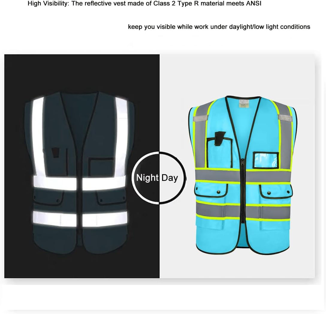 Custom Logo Safety Vest Customize Class 2 ANSI Standard Visibility Reflective Vests Bulk with Pockets and Zipper