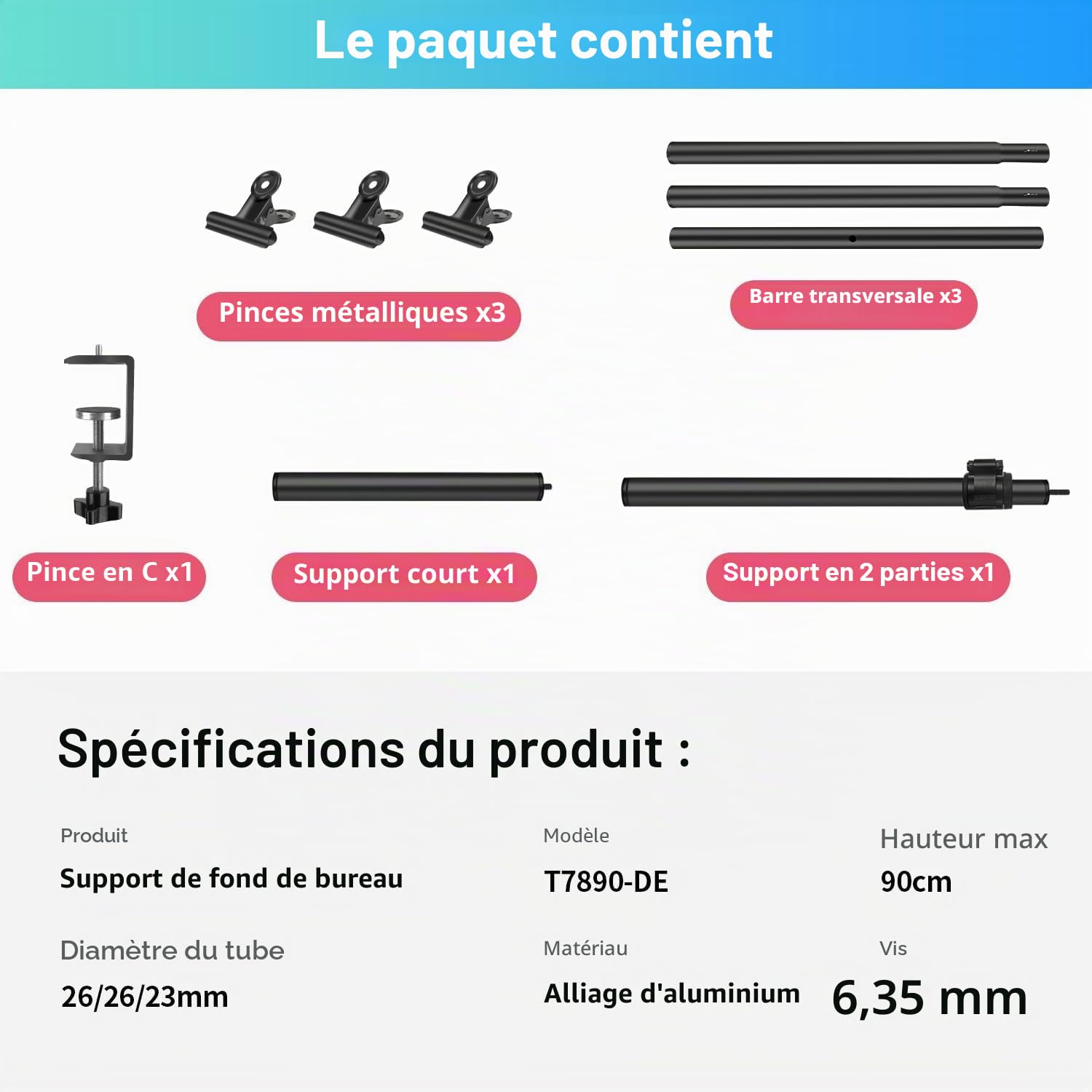 Support de Fond Réglable Petit 90x100cm, Desktop Support de Fond, Réglable de 26 à 90 cm avec et Pince en C-clamp, 3 traverses et 3 Clamps pour Le Portrait Photographie de Produits