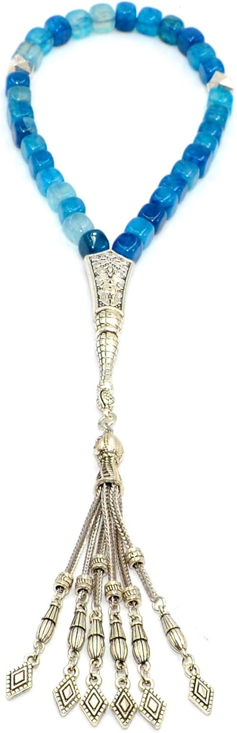 Design Square Agate Collection Worry Prayer Beads (8 mm-33 Beads) Tesbih-Tasbih-Tasbeeh-Misbaha-Masbaha-Subha-Sebha-Sibha-Rosary (Blue Agate Stone)