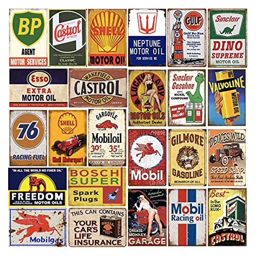 24 Pieces Gas and Oil Tin Signs, Retro Vintage Metal Sign for Home Man Cave Garage, 8x12 Inch 20x30cm