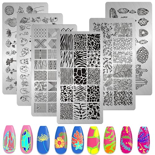 MWOOT 6 Stücke Nagel Schablone Stempel, Leopardenmuster Geometrie Blume Blatt Kristall Thema Nagel Kunst Stempelplatte, Nail Art Plates Nagelstempel Maniküre Tool Kit