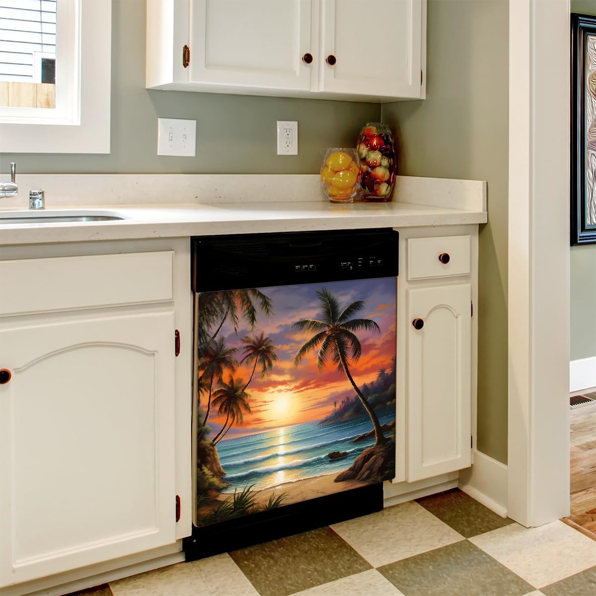 Dishwasher Magnet Cover Beach Sunset Tropical Palm Tree Reusable Dishwasher Magnetic Cover Sticker Decorative Dish Washer Door Cover Panel for Home Kitcen Appliance, 21x26 in