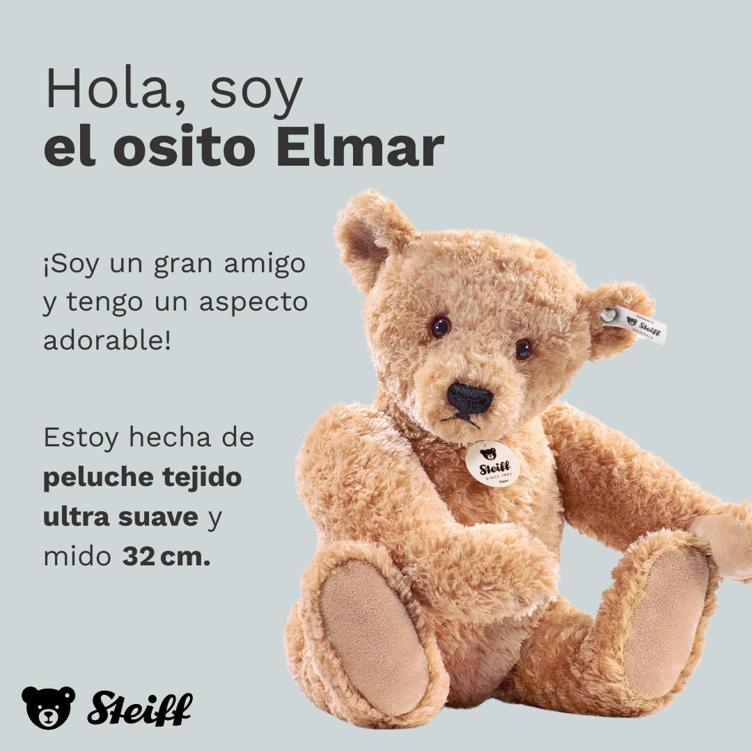 Steiff Peluche Osito Elmar, Peluche Adorable con Ojos de plástico, para niños y niñas, Peluche 32 cm, Beige, 022456