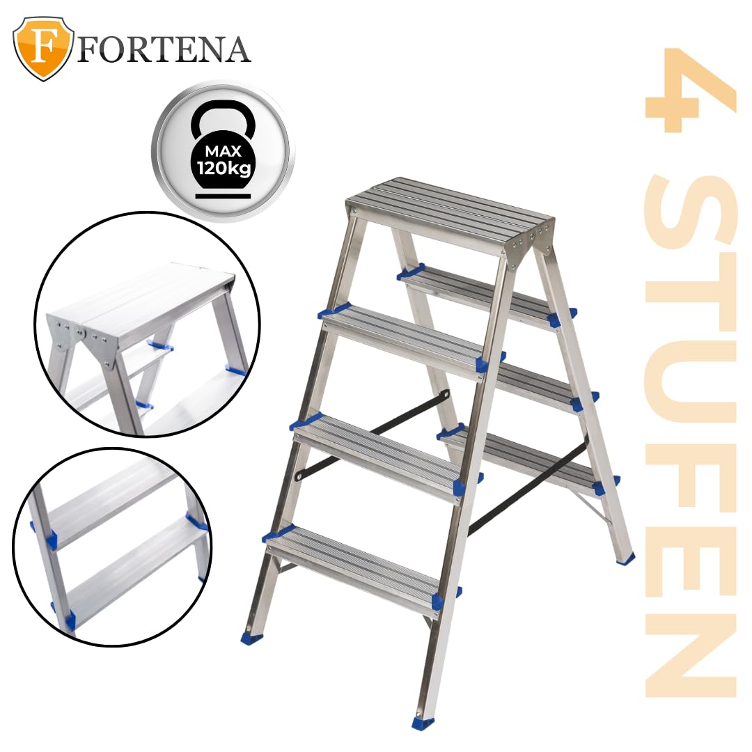 Fortena Haushaltsleiter Doppelleiter 2x4 Stufen Aluminium 150 kg Belastung