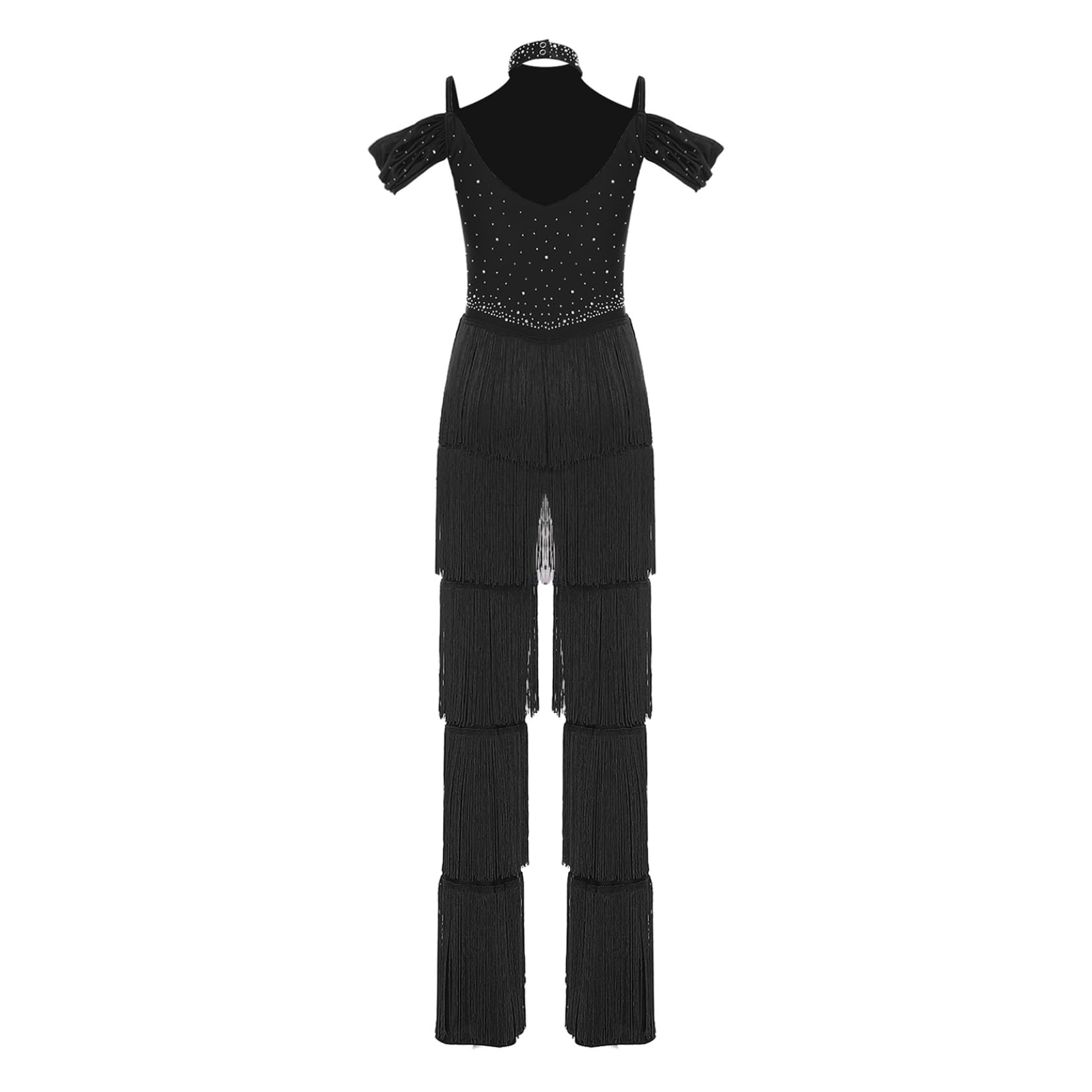 inlzdz Damen Latein Tanz Overall Einteiler Jumpsuit Off Shoulder Tanzanzug mit Glitzer Fransen Swing Samba Cha Cha Ballroom Wettbewerb Outfit