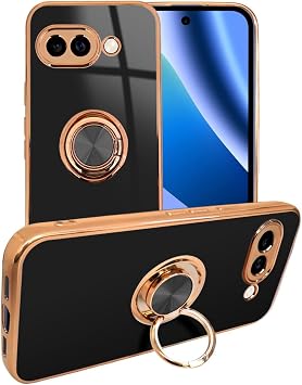 Sizkawil Phone Case for Google Pixel 10a Smartphone Ring Glittery Case with Ring Bright Black Pack of 1